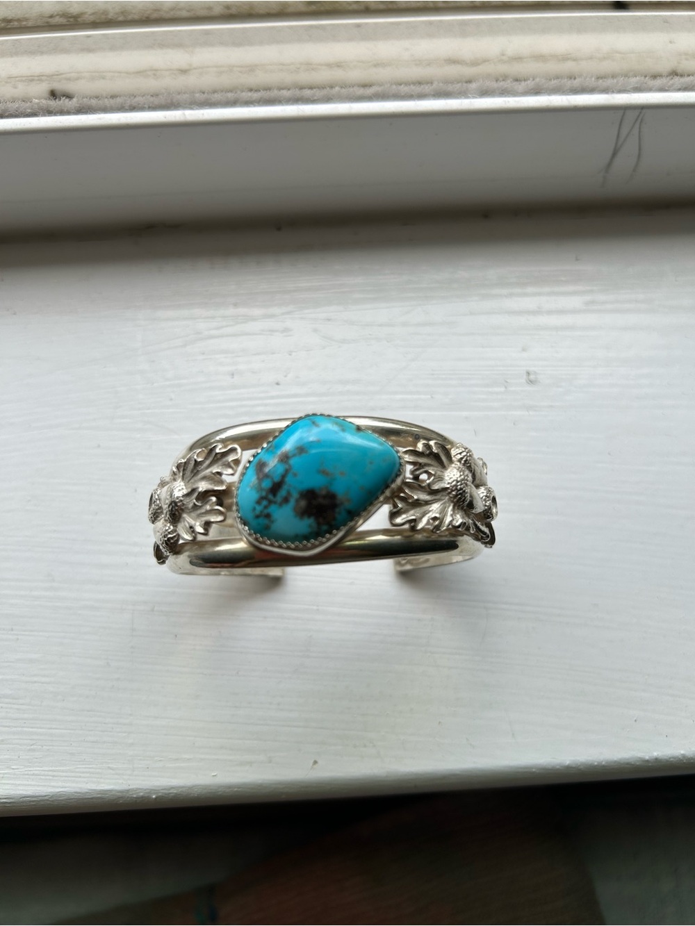 Native American hand crafted sterling silver with turquoise stone cuff bracelet
